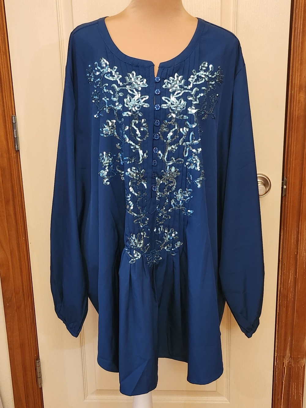 Roaman's Teal Blue Sequined Tunic Size 30W Long Sleeves Button-up Pintucked
